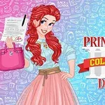 Una princesa pelirroja sonriente con una hoja de calificaciones en la mano, junto a un texto que dice Princess College Day sobre un fondo con iconos escolares