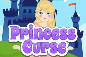 Una princesa rubia con expresión triste frente a un castillo, con el texto Princess Curse en letras grandes y moradas