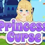 Una princesa rubia con expresión triste frente a un castillo, con el texto Princess Curse en letras grandes y moradas