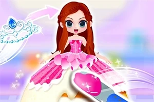 Muñeca animada con vestido rosa y largo cabello castaño, rodeada de elementos brillantes en un fondo colorido