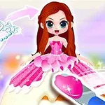 Muñeca animada con vestido rosa y largo cabello castaño, rodeada de elementos brillantes en un fondo colorido