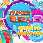 Personaje animado en traje de baño frente a un colorido tobogán de parque acuático con el texto decorativo Princess Eliza Going to Aquapark
