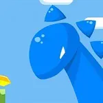 Personaje con armadura rosa y espada dorada enfrenta a una criatura azul en un paisaje con cielo claro