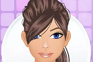 Ilustración de un rostro femenino con cabello oscuro recogido y ojos azules en un fondo morado cuadriculado