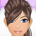 Ilustración de un rostro femenino con cabello oscuro recogido y ojos azules en un fondo morado cuadriculado