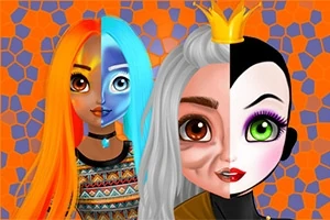 Dos personajes femeninos divididos por la mitad, con diferentes colores de cabello y estilos, en un fondo geométrico naranja