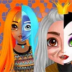 Dos personajes femeninos divididos por la mitad, con diferentes colores de cabello y estilos, en un fondo geométrico naranja