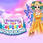 Dos princesas con vestidos coloridos y alas de mariposa en un fondo de cielo rosa con nubes, acompañadas del texto Princess in Colourful Wonderland