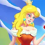 Una princesa rubia con corona sosteniendo un rubí en un paisaje de montaña
