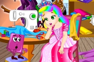 Una princesa de cabello multicolor y vestido rosa observa a un libro con cara que está sobre una mesa junto a una máquina de coser