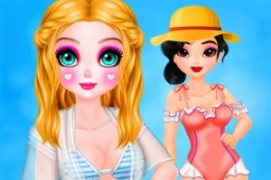 Dos muñecas con maquillaje destacado, una rubia con ojos grandes y corazones en las mejillas, y otra morena con sombrero amarillo y un vestido de verano