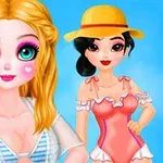 Dos muñecas con maquillaje destacado, una rubia con ojos grandes y corazones en las mejillas, y otra morena con sombrero amarillo y un vestido de verano