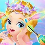 Niña con diadema de conchas marinas aplicándose maquillaje mientras un cangrejo ayuda