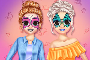 Dos personajes con maquillaje de mariposa en el rostro, uno con cabello castaño recogido y camisa azul, y otro con cabello plateado recogido y blusa amarilla con volantes, sobre un fondo colorido con iconos de redes sociales