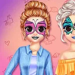 Dos personajes con maquillaje de mariposa en el rostro, uno con cabello castaño recogido y camisa azul, y otro con cabello plateado recogido y blusa amarilla con volantes, sobre un fondo colorido con iconos de redes sociales