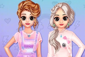 Dos personajes femeninos con grandes ojos y cabello estilizado, uno con cabello castaño y overol púrpura, y otro con cabello plateado y blusa blanca sobre un fondo azul pastel con pequeños dibujos