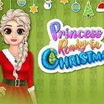 Dos princesas con trajes navideños frente a un fondo verde decorado con adornos de Navidad y texto colorido en el centro