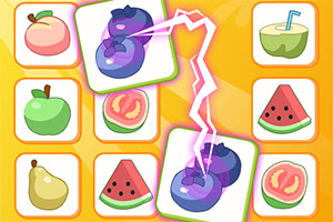 Tablero colorido con fichas de frutas, dos frutas moradas conectadas por un rayo rosa brillante