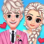 Pareja de dibujos animados con cabello claro, él con traje rosa y ella con vestido blanco, con fondo azul y corazones rojos