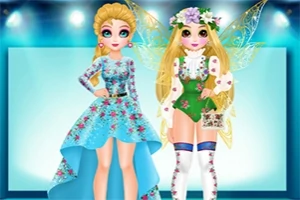 Dos personajes femeninos con vestidos florales y colores brillantes, una con alas de hada y flores en el cabello, en un entorno iluminado