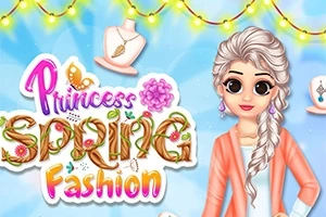 Princesa con cabello trenzado y suéter anaranjado junto a un letrero colorido que dice Princess Spring Fashion, rodeada de accesorios de moda y luces brillantes