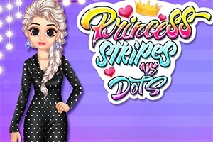 Una ilustración de una princesa con un vestido de lunares y un peinado trenzado, junto a un colorido texto que dice Princess Stripes vs Dots
