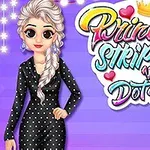 Una ilustración de una princesa con un vestido de lunares y un peinado trenzado, junto a un colorido texto que dice Princess Stripes vs Dots