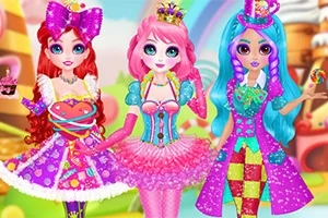 Tres muñecas con cabello colorido y vestidos extravagantes, con accesorios de dulces y coronas, sobre un fondo colorido