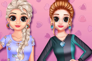 Dos personajes femeninos con ojos grandes, cabello peinado y ropa colorida frente a un fondo rosa con corazones