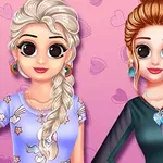 Dos personajes femeninos con ojos grandes, cabello peinado y ropa colorida frente a un fondo rosa con corazones