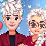 Pareja de personajes animados con cabello blanco, ambos vestidos de rojo, rodeados de corazones y un fondo azul con destellos