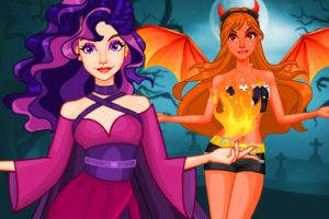 Dos personajes femeninos disfrazados para Halloween, uno con vestido púrpura y cabello rizado, y el otro con un top ardiente, alas y cuernos de diablo