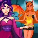 Dos personajes femeninos disfrazados para Halloween, uno con vestido púrpura y cabello rizado, y el otro con un top ardiente, alas y cuernos de diablo