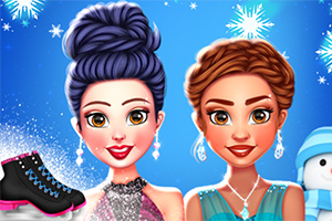 Dos mujeres sonrientes con peinados recogidos y vestidos elegantes posan frente a un fondo azul con copos de nieve