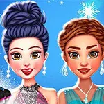 Dos mujeres sonrientes con peinados recogidos y vestidos elegantes posan frente a un fondo azul con copos de nieve