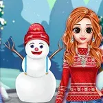 Dos mujeres con atuendos invernales junto a un muñeco de nieve, con un paisaje nevado de fondo