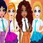 Cinco chicas animadas con uniformes escolares de diferentes colores posando juntas