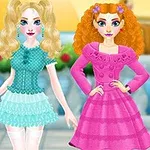 Dos mujeres dibujadas con vestidos elegantes y coloridos posan al aire libre con un fondo de jardín y cielo despejado