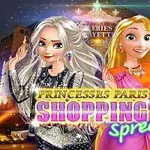 Dos personajes femeninos animados con vestidos elegantes posan frente a un edificio iluminado con decoración festiva y el texto Princesses Paris Shopping Spree en primer plano