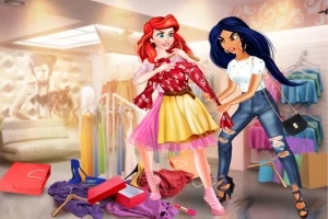 Dos mujeres de estilo animado comprando ropa en una tienda, rodeadas de bolsas y prendas coloridas
