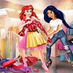 Dos mujeres de estilo animado comprando ropa en una tienda, rodeadas de bolsas y prendas coloridas