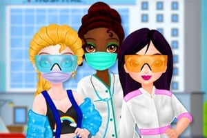 Tres personajes animados con batas de laboratorio, gafas protectoras y mascarillas posan frente a un edificio