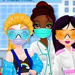 Tres personajes animados con batas de laboratorio, gafas protectoras y mascarillas posan frente a un edificio