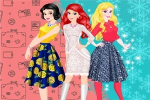 Princesas con vestidos coloridos posan sobre un fondo dividido en dos colores con dibujos de maletas y copos de nieve