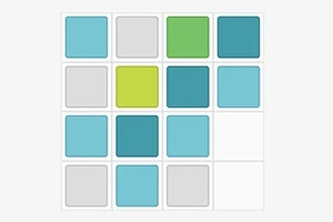Cuadrícula de 16 cuadros con tonos de azul, verde y gris en un diseño simétrico