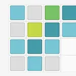 Cuadrícula de 16 cuadros con tonos de azul, verde y gris en un diseño simétrico