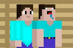 Dos personajes pixelados de estilo retro, ambos con camisetas azules, uno de ellos tiene la boca abierta y parece estar babeando