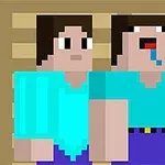 Dos personajes pixelados de estilo retro, ambos con camisetas azules, uno de ellos tiene la boca abierta y parece estar babeando