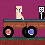 Dos personajes pixelados, uno con máscara, en un vehículo tipo carrito sobre un fondo morado con enredaderas a un lado