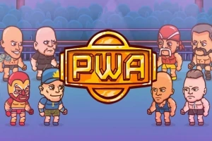 Caricaturas de luchadores rodeando un gran logotipo que dice PWA en el centro